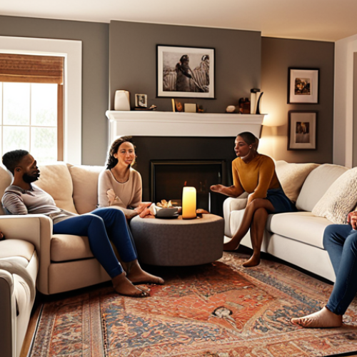 **

A diverse team gathered in a cozy living room setting, engaging in an open and honest conversation. Soft lighting, comfortable furniture, and relaxed body language create a safe and welcoming atmosphere.

**